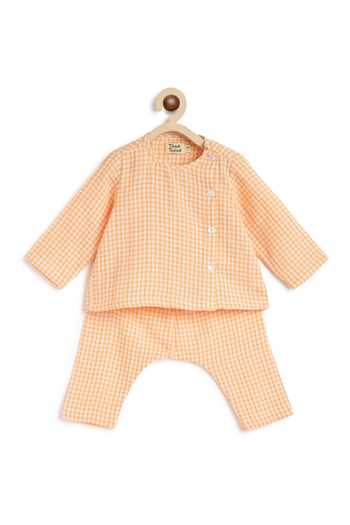 Tiber Taber_Orange Cotton Checkered Woven Jhabla Set _Online_at_Aza_Fashions
