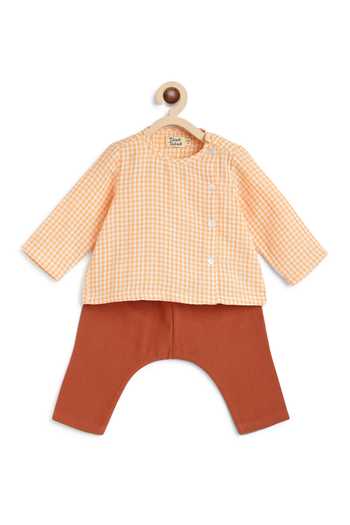 Buy_Tiber Taber_Orange Cotton Checkered Woven Jhabla Set _Online_at_Aza_Fashions