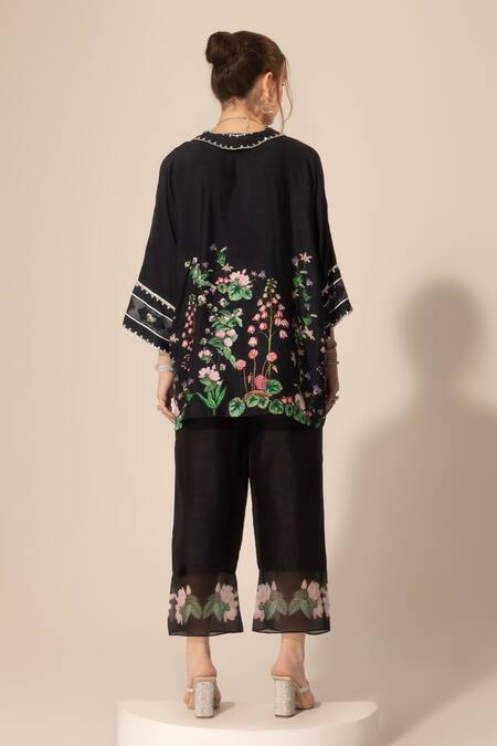 Shop SAKSHI GIRRI Black Silk, Viscose Sequins, Beads Botanical Print Short Kaftan And Pant Set at Aza Fashions Shop_SAKSHI GIRRI_Black Silk, Viscose Sequins, Beads Botanical Print Short Kaftan And Pant Set_at_Aza_Fashions