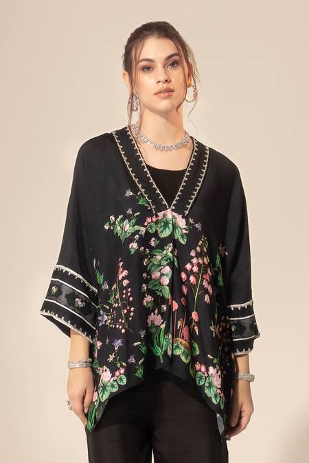 SAKSHI GIRRI Black Silk, Viscose Sequins, Beads Botanical Print Short Kaftan And Pant Set Online at Aza Fashions SAKSHI GIRRI_Black Silk, Viscose Sequins, Beads Botanical Print Short Kaftan And Pant Set_Online_at_Aza_Fashions