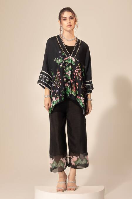 Buy SAKSHI GIRRI Black Silk, Viscose Sequins, Beads Botanical Print Short Kaftan And Pant Set Online at Aza Fashions Buy_SAKSHI GIRRI_Black Silk, Viscose Sequins, Beads Botanical Print Short Kaftan And Pant Set_Online_at_Aza_Fashions