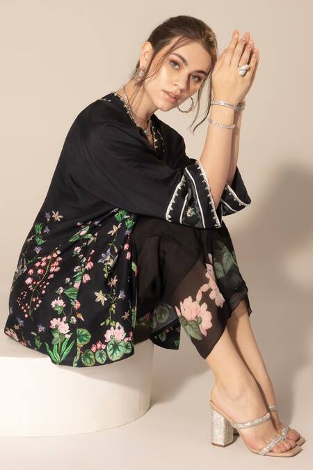 Shop SAKSHI GIRRI Black Silk, Viscose Sequins, Beads Botanical Print Short Kaftan And Pant Set Online at Aza Fashions Shop_SAKSHI GIRRI_Black Silk, Viscose Sequins, Beads Botanical Print Short Kaftan And Pant Set_Online_at_Aza_Fashions