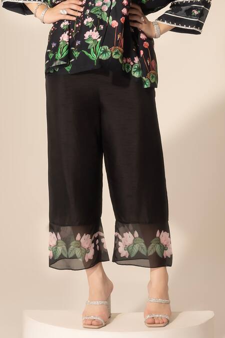 SAKSHI GIRRI Black Silk, Viscose Sequins, Beads Botanical Print Short Kaftan And Pant Set at Aza Fashions SAKSHI GIRRI_Black Silk, Viscose Sequins, Beads Botanical Print Short Kaftan And Pant Set_at_Aza_Fashions