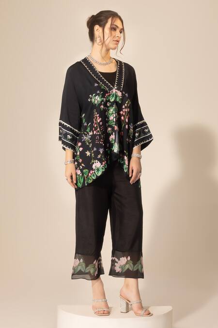 Shop SAKSHI GIRRI Black Silk, Viscose Sequins, Beads Botanical Print Short Kaftan And Pant Set Shop_SAKSHI GIRRI_Black Silk, Viscose Sequins, Beads Botanical Print Short Kaftan And Pant Set