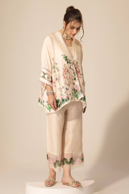 SAKSHI GIRRI_Ivory Silk, Organza Sequins, Beads, Botanical Pattern Short Kaftan And Pant Set_Online_at_Aza_Fashions