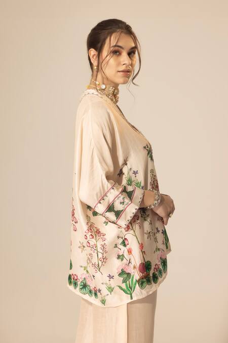 Buy_SAKSHI GIRRI_Ivory Silk, Organza Sequins, Beads, Botanical Pattern Short Kaftan And Pant Set_Online_at_Aza_Fashions