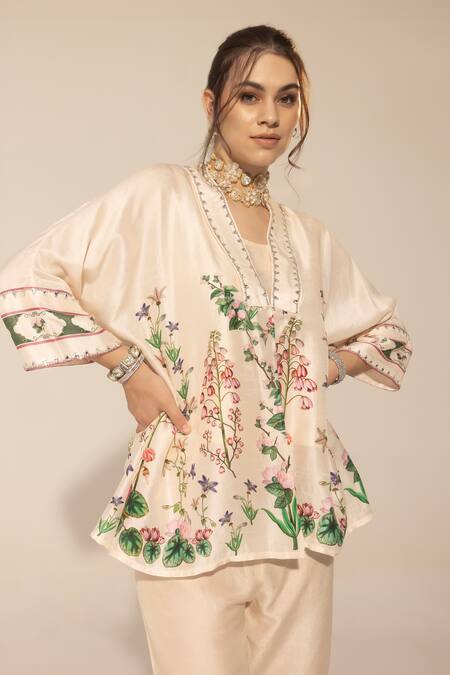 Buy_SAKSHI GIRRI_Ivory Silk, Organza Sequins, Beads, Botanical Pattern Short Kaftan And Pant Set