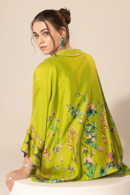 Buy SAKSHI GIRRI Green V-, Round Botanical Printed Kaftan And Pant Set Online at Aza Fashions Buy_SAKSHI GIRRI_Green V-, Round Botanical Printed Kaftan And Pant Set_Online_at_Aza_Fashions