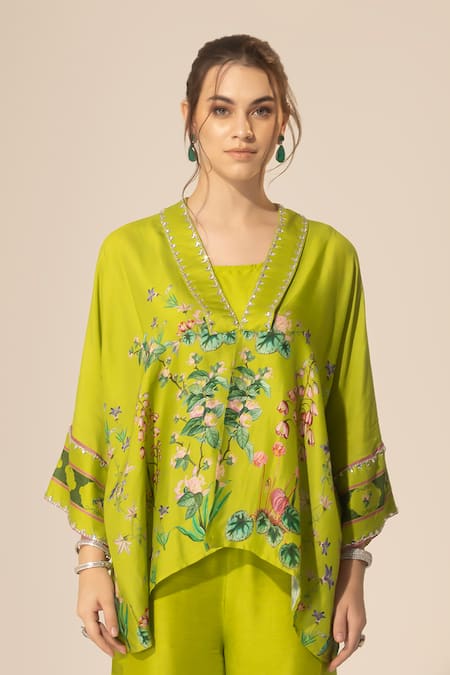 SAKSHI GIRRI Green V-, Round Botanical Printed Kaftan And Pant Set at Aza Fashions SAKSHI GIRRI_Green V-, Round Botanical Printed Kaftan And Pant Set_at_Aza_Fashions