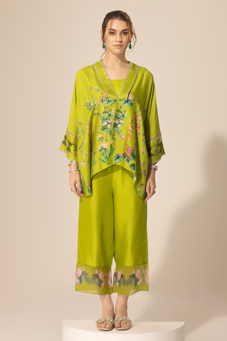 Buy SAKSHI GIRRI Green V-, Round Botanical Printed Kaftan And Pant Set Buy_SAKSHI GIRRI_Green V-, Round Botanical Printed Kaftan And Pant Set