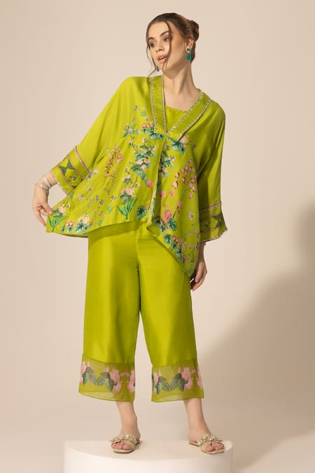 Shop SAKSHI GIRRI Green V-, Round Botanical Printed Kaftan And Pant Set Shop_SAKSHI GIRRI_Green V-, Round Botanical Printed Kaftan And Pant Set