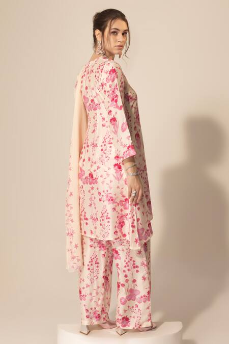 Shop_SAKSHI GIRRI_Ivory Silk, Organza, Viscose Sequins, Beads, Botanical Print Kurta Pant Set_at_Aza_Fashions