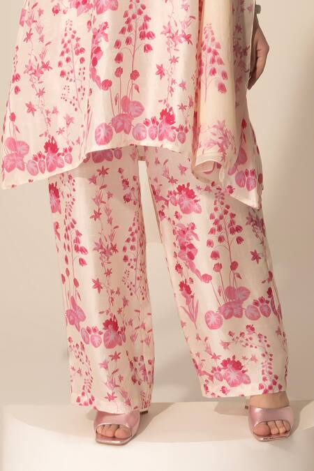 SAKSHI GIRRI_Ivory Silk, Organza, Viscose Sequins, Beads, Botanical Print Kurta Pant Set_Online_at_Aza_Fashions