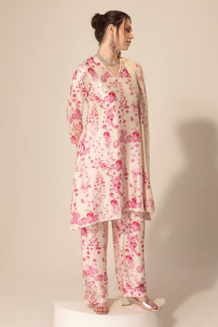 Shop_SAKSHI GIRRI_Ivory Silk, Organza, Viscose Sequins, Beads, Botanical Print Kurta Pant Set_Online_at_Aza_Fashions