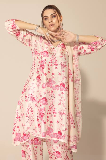 SAKSHI GIRRI_Ivory Silk, Organza, Viscose Sequins, Beads, Botanical Print Kurta Pant Set_at_Aza_Fashions