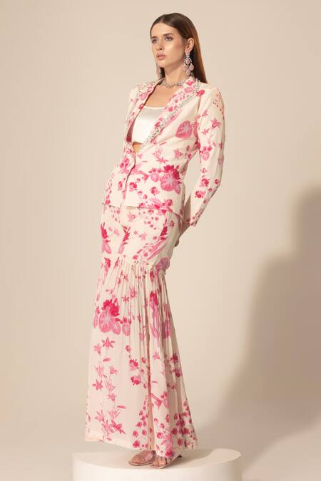 Shop SAKSHI GIRRI Ivory Crepe Sequins, Beads, Stones Botanical Print Blazer And Sharara Set Online at Aza Fashions Shop_SAKSHI GIRRI_Ivory Crepe Sequins, Beads, Stones Botanical Print Blazer And Sharara Set_Online_at_Aza_Fashions