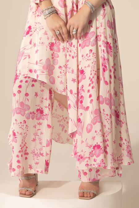 Buy_SAKSHI GIRRI_Ivory Crepe Ruffles One Shoulder Botanical Print Tunic And Pant Set_Online_at_Aza_Fashions