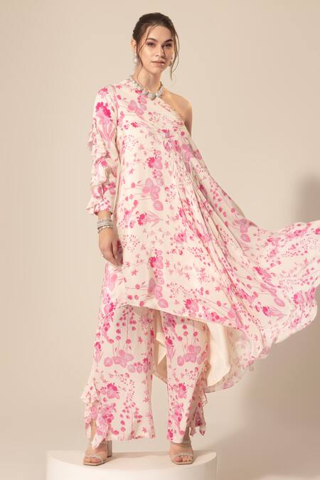 SAKSHI GIRRI_Ivory Crepe Ruffles One Shoulder Botanical Print Tunic And Pant Set_at_Aza_Fashions