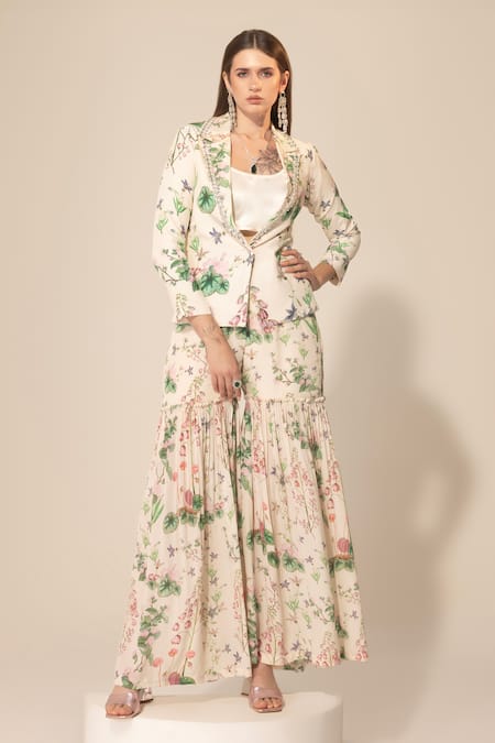 Sakshi Girri Ivory Crepe Printed Botanical Lapel Collar Pattern Blazer And Sharara Set 