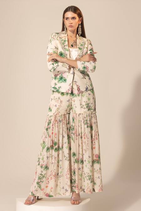 SAKSHI GIRRI Ivory Crepe Sequins, Beads, Stones Botanical Pattern Blazer And Sharara Set Online at Aza Fashions SAKSHI GIRRI_Ivory Crepe Sequins, Beads, Stones Botanical Pattern Blazer And Sharara Set_Online_at_Aza_Fashions