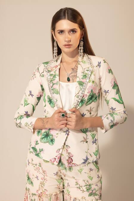 Shop SAKSHI GIRRI Ivory Crepe Sequins, Beads, Stones Botanical Pattern Blazer And Sharara Set Online at Aza Fashions Shop_SAKSHI GIRRI_Ivory Crepe Sequins, Beads, Stones Botanical Pattern Blazer And Sharara Set_Online_at_Aza_Fashions