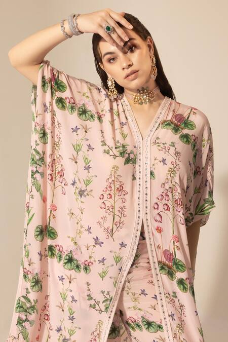 SAKSHI GIRRI_Pink Crepe Sequins, Beads V-neck Botanical Print Long Kaftan And Pant Set_Online_at_Aza_Fashions