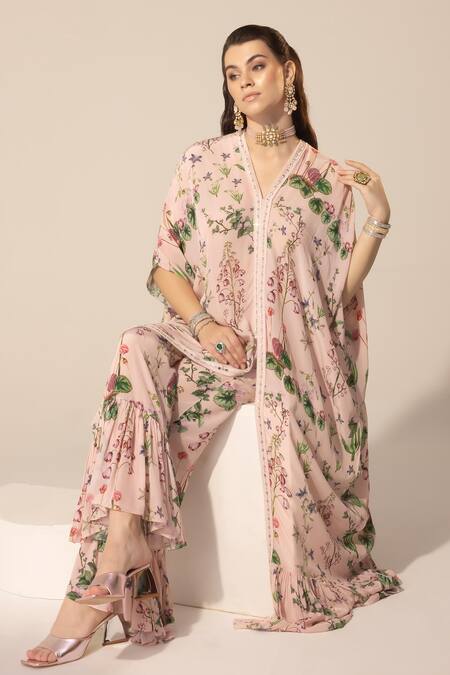 Buy_SAKSHI GIRRI_Pink Crepe Sequins, Beads V-neck Botanical Print Long Kaftan And Pant Set_Online_at_Aza_Fashions