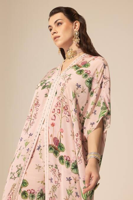 Shop_SAKSHI GIRRI_Pink Crepe Sequins, Beads V-neck Botanical Print Long Kaftan And Pant Set_Online_at_Aza_Fashions