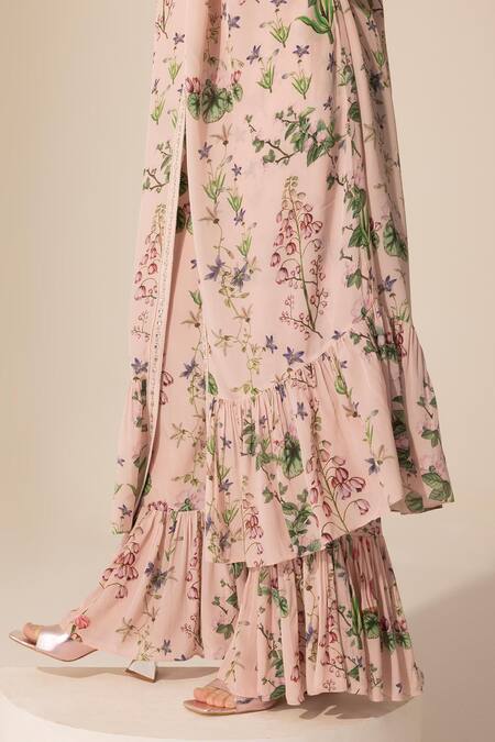 SAKSHI GIRRI_Pink Crepe Sequins, Beads V-neck Botanical Print Long Kaftan And Pant Set_at_Aza_Fashions