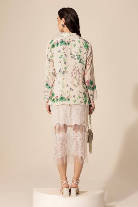 Shop SAKSHI GIRRI Ivory Crepe, Embroidery, Botanical Print Shirt And Midi Skirt Set at Aza Fashions Shop_SAKSHI GIRRI_Ivory Crepe, Embroidery, Botanical Print Shirt And Midi Skirt Set_at_Aza_Fashions