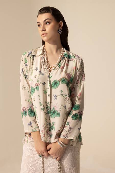 SAKSHI GIRRI Ivory Crepe, Embroidery, Botanical Print Shirt And Midi Skirt Set Online at Aza Fashions SAKSHI GIRRI_Ivory Crepe, Embroidery, Botanical Print Shirt And Midi Skirt Set_Online_at_Aza_Fashions