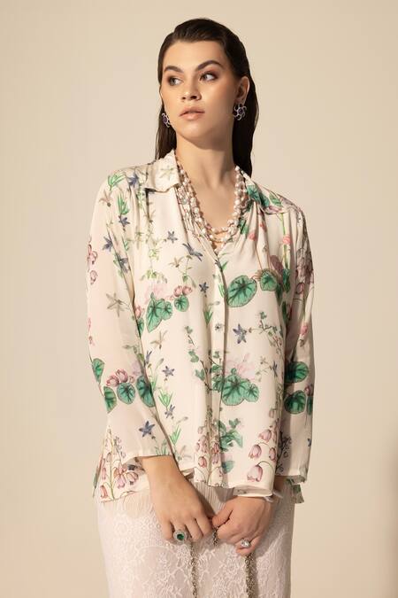 Buy SAKSHI GIRRI Ivory Crepe, Embroidery, Botanical Print Shirt And Midi Skirt Set Online at Aza Fashions Buy_SAKSHI GIRRI_Ivory Crepe, Embroidery, Botanical Print Shirt And Midi Skirt Set_Online_at_Aza_Fashions