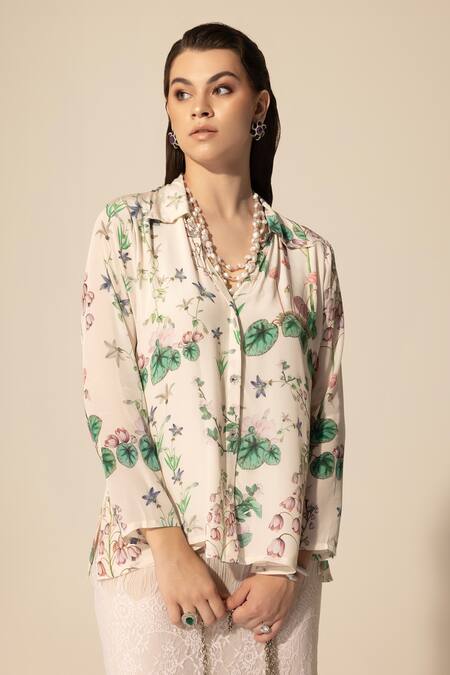 SAKSHI GIRRI Ivory Crepe, Embroidery, Botanical Print Shirt And Midi Skirt Set at Aza Fashions SAKSHI GIRRI_Ivory Crepe, Embroidery, Botanical Print Shirt And Midi Skirt Set_at_Aza_Fashions