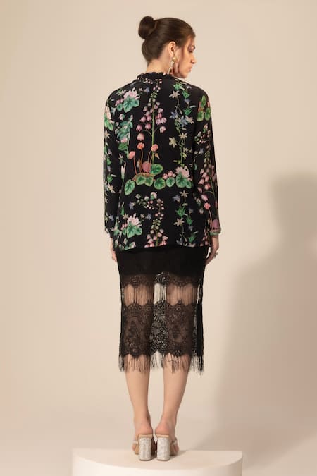 Shop SAKSHI GIRRI Black Crepe, Embroidery, Botanical Pattern Shirt And Midi Skirt Set at Aza Fashions Shop_SAKSHI GIRRI_Black Crepe, Embroidery, Botanical Pattern Shirt And Midi Skirt Set_at_Aza_Fashions