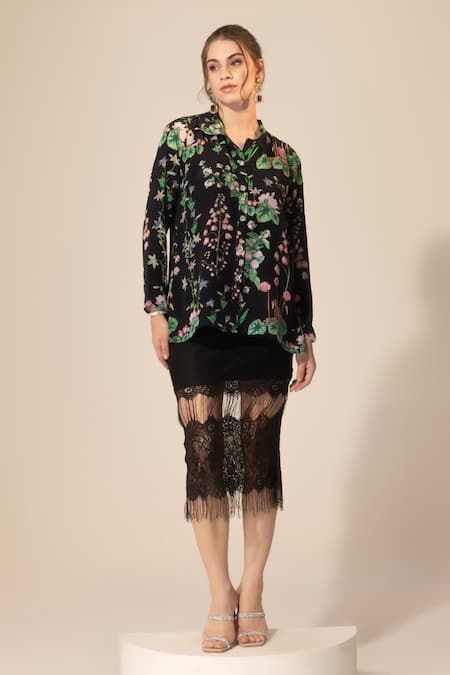 SAKSHI GIRRI Black Crepe, Embroidery, Botanical Pattern Shirt And Midi Skirt Set Online at Aza Fashions SAKSHI GIRRI_Black Crepe, Embroidery, Botanical Pattern Shirt And Midi Skirt Set_Online_at_Aza_Fashions