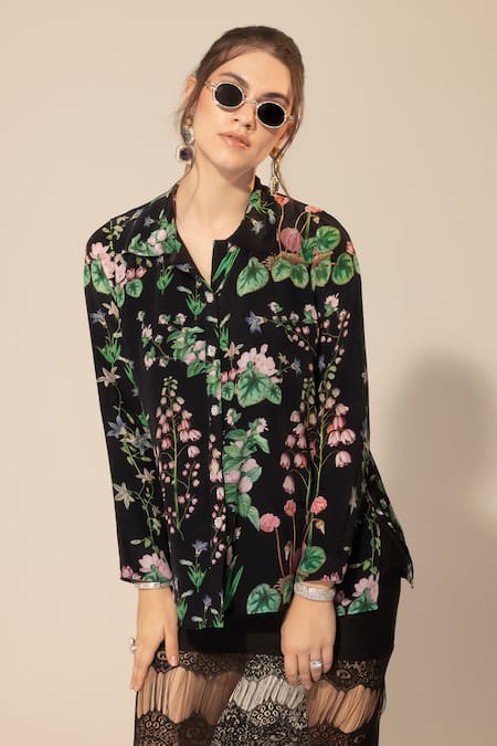 SAKSHI GIRRI Black Crepe, Embroidery, Botanical Pattern Shirt And Midi Skirt Set at Aza Fashions SAKSHI GIRRI_Black Crepe, Embroidery, Botanical Pattern Shirt And Midi Skirt Set_at_Aza_Fashions