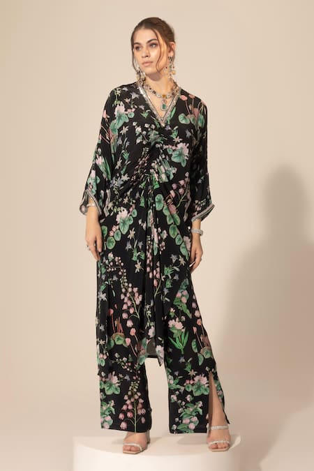 Sakshi Girri Black Crepe Printed Botanical V Neck Kaftan And Pant Set 