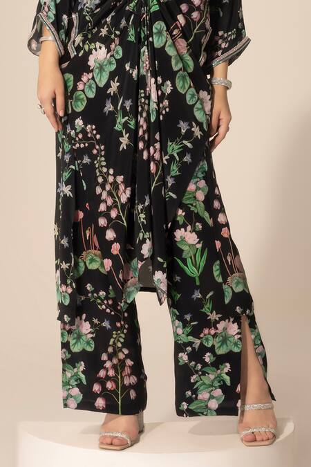 SAKSHI GIRRI Black Crepe Embroidery, Sequins V-neck Botanical Print Kaftan And Pant Set Online at Aza Fashions SAKSHI GIRRI_Black Crepe Embroidery, Sequins V-neck Botanical Print Kaftan And Pant Set_Online_at_Aza_Fashions