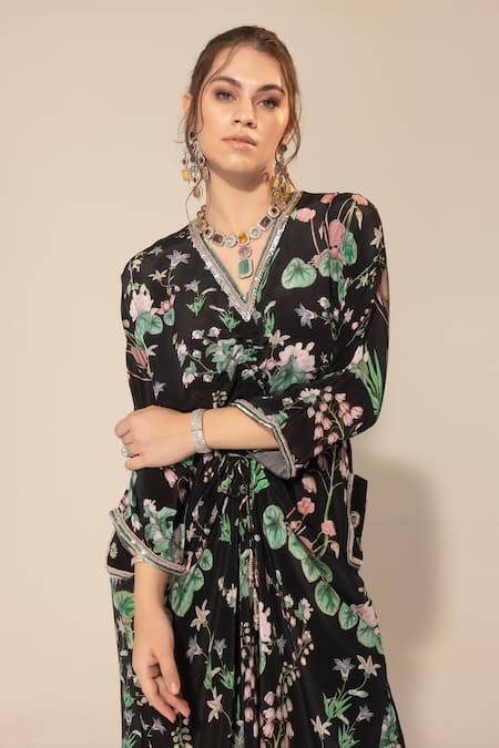 Buy SAKSHI GIRRI Black Crepe Embroidery, Sequins V-neck Botanical Print Kaftan And Pant Set Online at Aza Fashions Buy_SAKSHI GIRRI_Black Crepe Embroidery, Sequins V-neck Botanical Print Kaftan And Pant Set_Online_at_Aza_Fashions