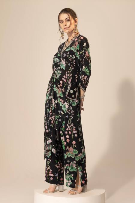 Shop SAKSHI GIRRI Black Crepe Embroidery, Sequins V-neck Botanical Print Kaftan And Pant Set Online at Aza Fashions Shop_SAKSHI GIRRI_Black Crepe Embroidery, Sequins V-neck Botanical Print Kaftan And Pant Set_Online_at_Aza_Fashions