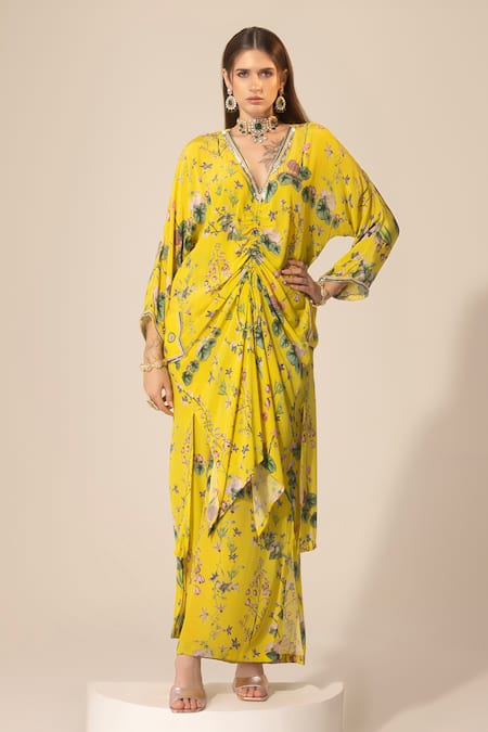 Sakshi Girri Yellow Crepe Printed Botanical V Neck Pattern Kaftan And Pant Set 