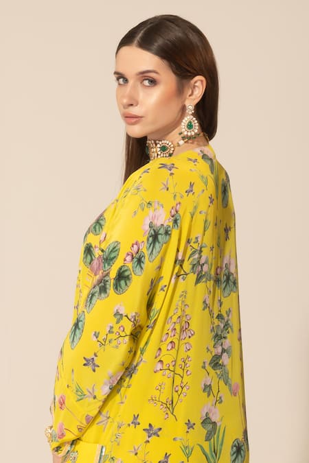 Shop SAKSHI GIRRI Yellow Crepe Sequins, Beads V-neck Botanical Pattern Kaftan And Pant Set at Aza Fashions Shop_SAKSHI GIRRI_Yellow Crepe Sequins, Beads V-neck Botanical Pattern Kaftan And Pant Set_at_Aza_Fashions