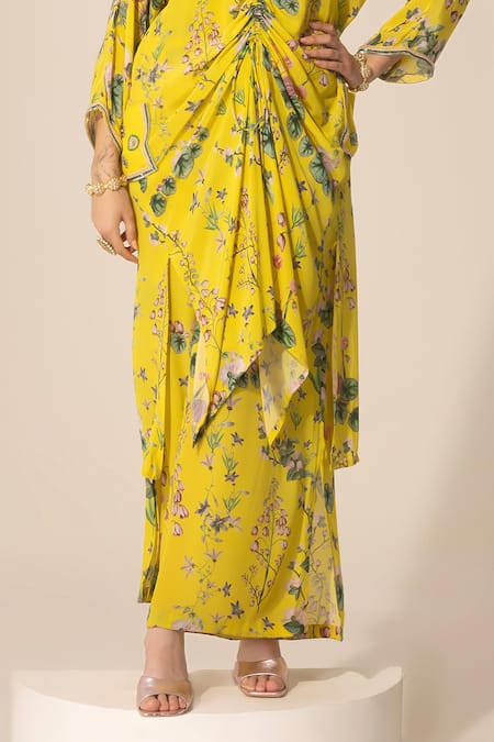 SAKSHI GIRRI Yellow Crepe Sequins, Beads V-neck Botanical Pattern Kaftan And Pant Set Online at Aza Fashions SAKSHI GIRRI_Yellow Crepe Sequins, Beads V-neck Botanical Pattern Kaftan And Pant Set_Online_at_Aza_Fashions