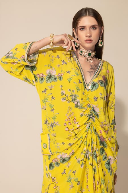 Buy SAKSHI GIRRI Yellow Crepe Sequins, Beads V-neck Botanical Pattern Kaftan And Pant Set Online at Aza Fashions Buy_SAKSHI GIRRI_Yellow Crepe Sequins, Beads V-neck Botanical Pattern Kaftan And Pant Set_Online_at_Aza_Fashions