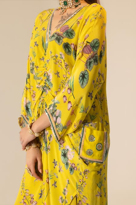 Shop SAKSHI GIRRI Yellow Crepe Sequins, Beads V-neck Botanical Pattern Kaftan And Pant Set Online at Aza Fashions Shop_SAKSHI GIRRI_Yellow Crepe Sequins, Beads V-neck Botanical Pattern Kaftan And Pant Set_Online_at_Aza_Fashions