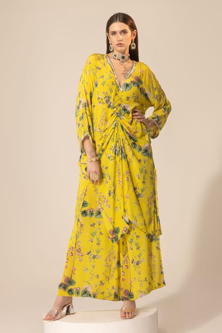 SAKSHI GIRRI Yellow Crepe Sequins, Beads V-neck Botanical Pattern Kaftan And Pant Set at Aza Fashions SAKSHI GIRRI_Yellow Crepe Sequins, Beads V-neck Botanical Pattern Kaftan And Pant Set_at_Aza_Fashions