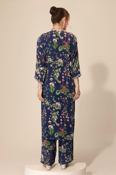 Shop_Sakshi Girri_Blue Crepe Sequins, Stones V-neck Printed Kaftan And Pant Set _at_Aza_Fashions
