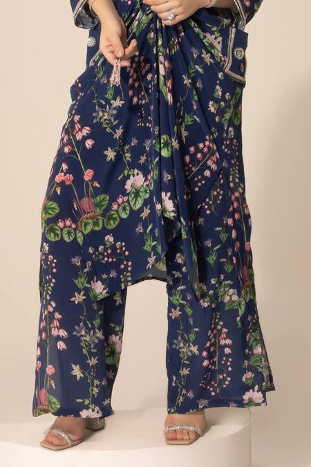 Sakshi Girri_Blue Crepe Sequins, Stones V-neck Printed Kaftan And Pant Set _Online_at_Aza_Fashions