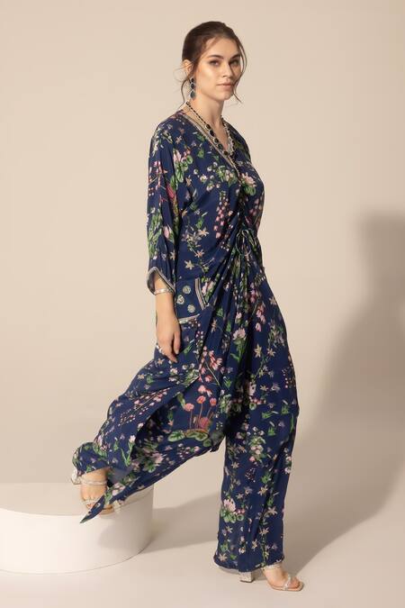 Buy_Sakshi Girri_Blue Crepe Sequins, Stones V-neck Printed Kaftan And Pant Set _Online_at_Aza_Fashions