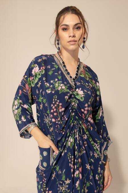 Shop_Sakshi Girri_Blue Crepe Sequins, Stones V-neck Printed Kaftan And Pant Set _Online_at_Aza_Fashions